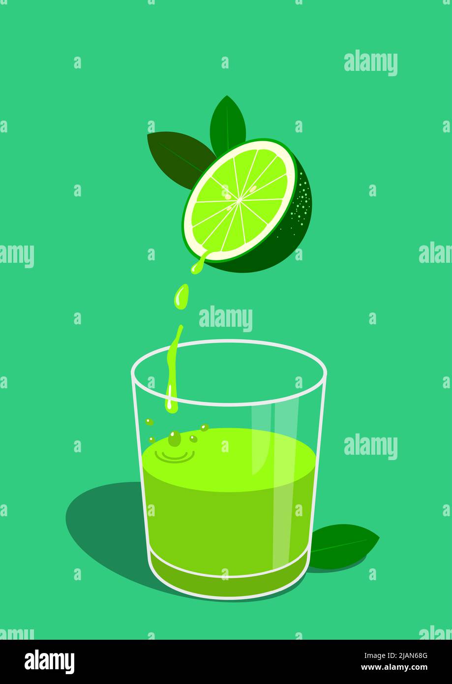 Healthy illustration of a half lime from which the juice flows into a glass underneath. Flat and vivid colors. Cool and fun Stock Vector