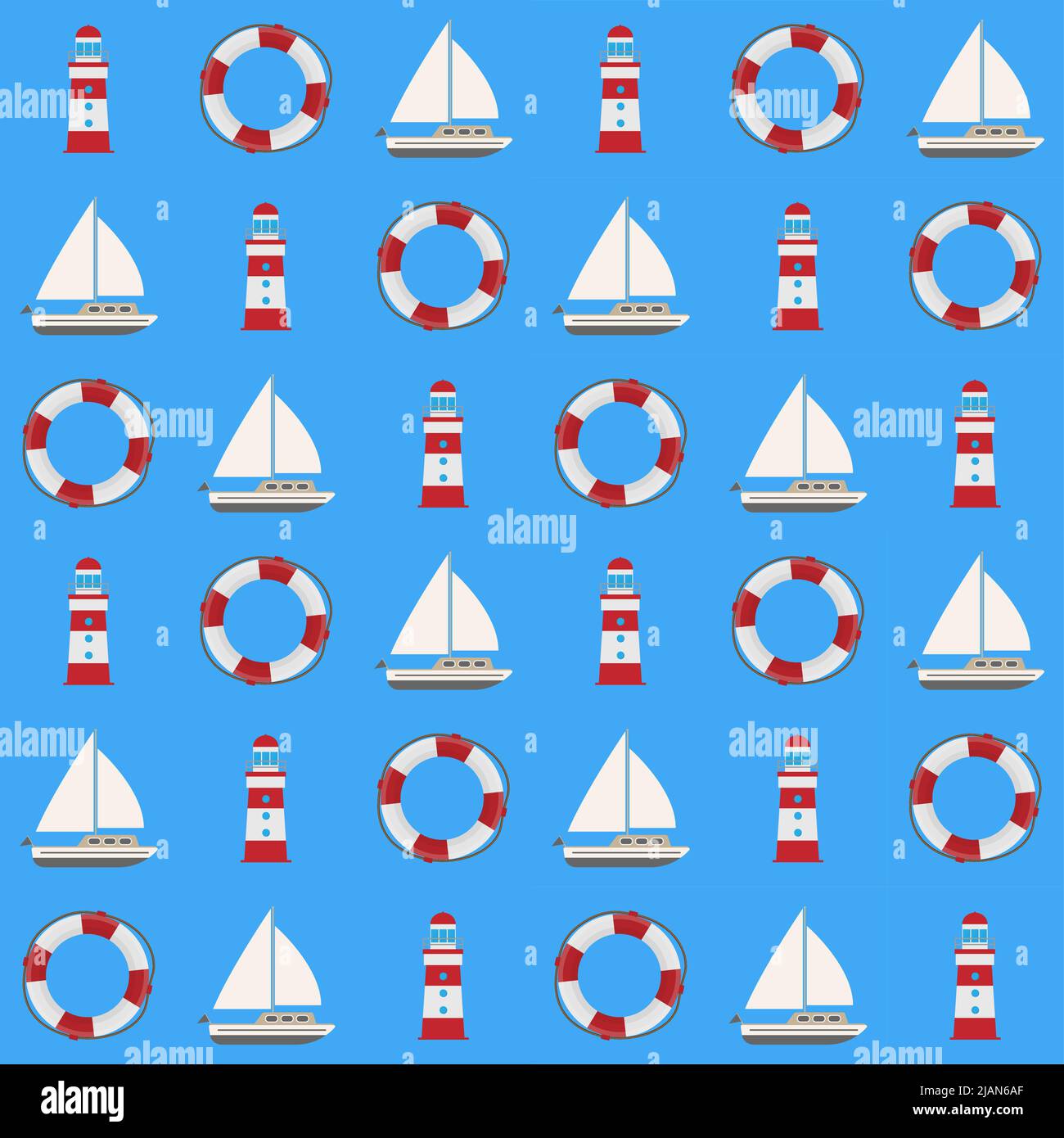 blue maritime seamless background with lighthouse, sailboat and life buoy, flat design vector illustration Stock Vector