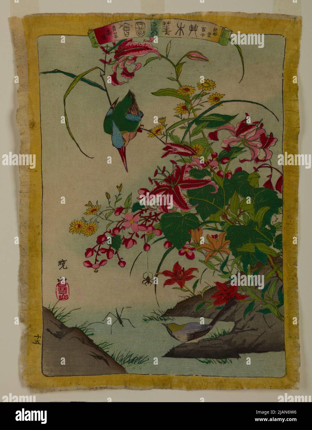 Flowers, a kingfisher and a wagtail over the water unknown Stock Photo