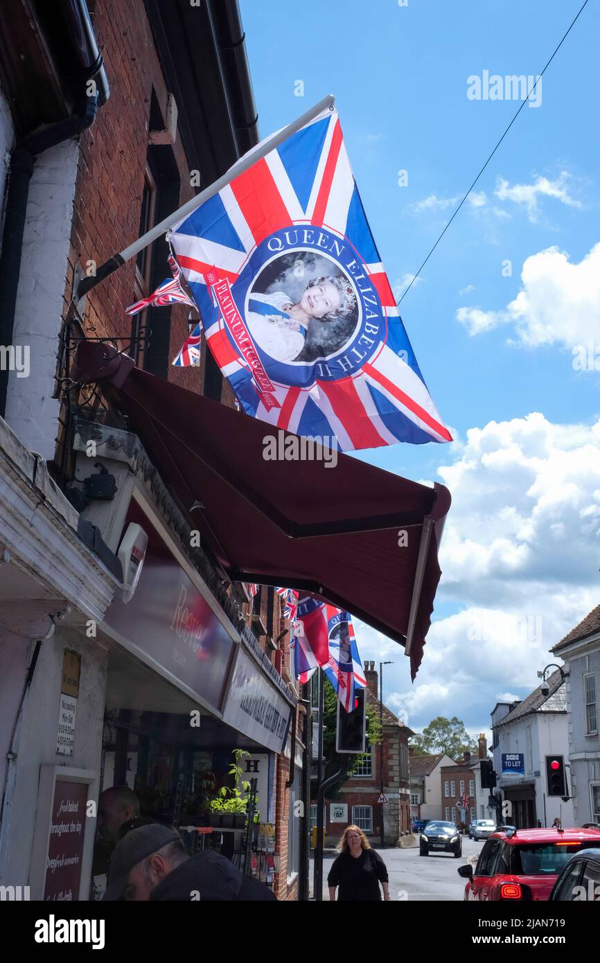 The Platinum Jubilee of Elizabeth II celebrated with a flag in Wilton 2022. Stock Photo