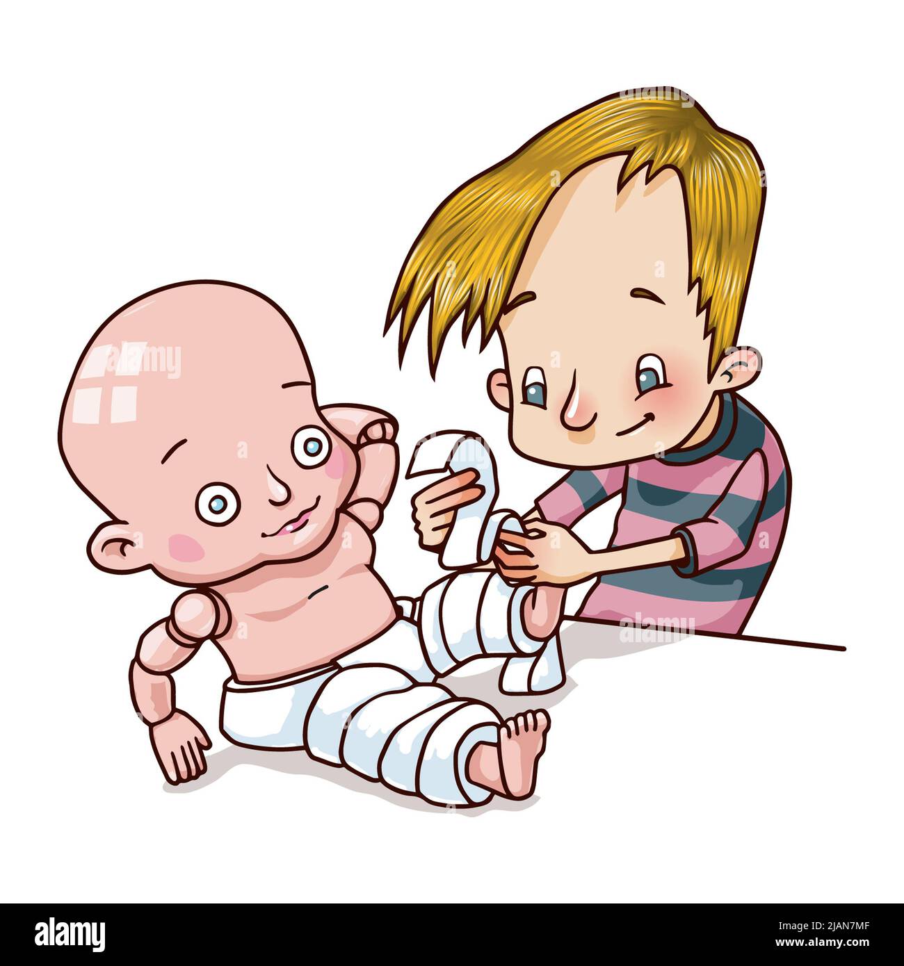 Concept art of young boy playing hospital by bandaging a doll, illustrating importance of educational role play, active learning learning through play Stock Photo