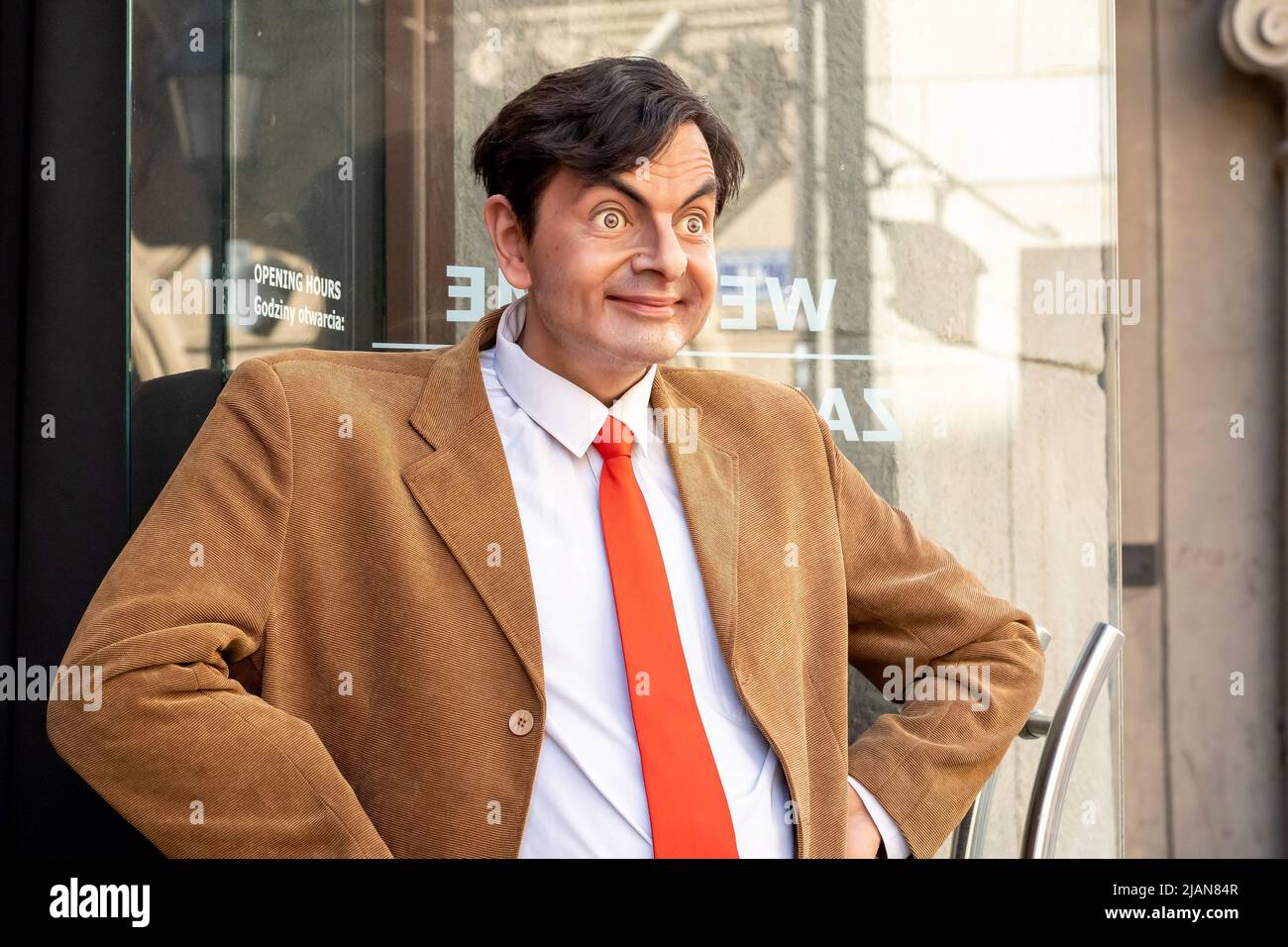 Mr. Bean, Rowan Atkinson British sitcom character wax statue, Polonia wax museum, Krakow, Poland. Portrait, closeup, famous film movie actors wax stat Stock Photo