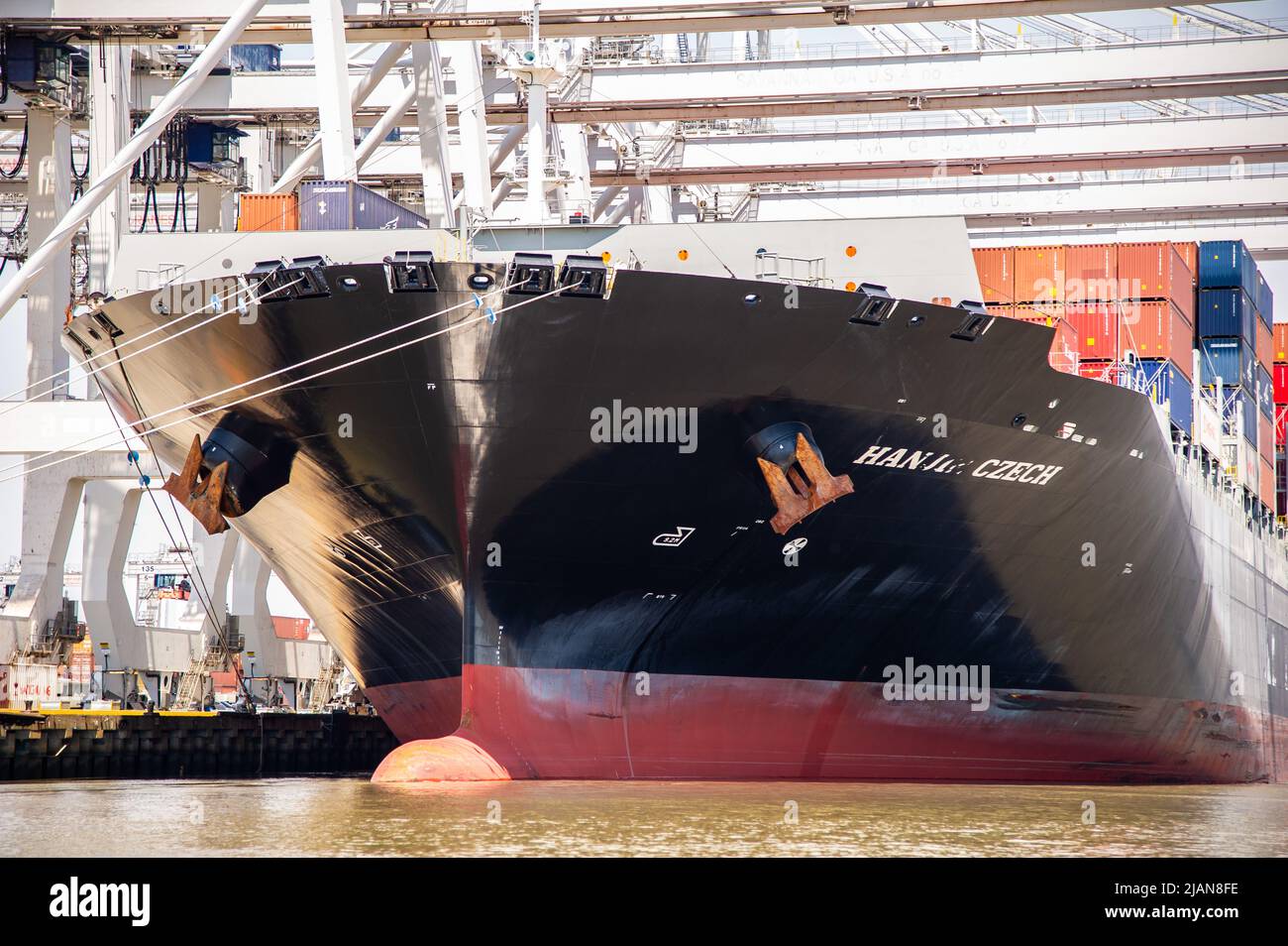 Stock images of the COSCO Development container ship, the largest vessel to ever call the East Coast, entered the  Savannah River this morning and mak Stock Photo