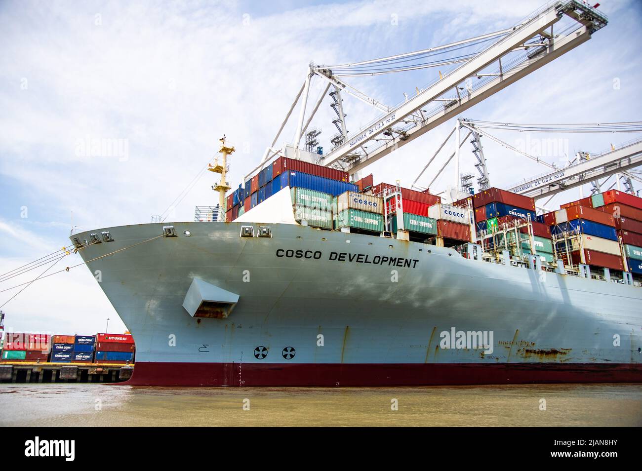 Stock images of the COSCO Development container ship, the largest vessel to ever call the East Coast, entered the  Savannah River this morning and mak Stock Photo