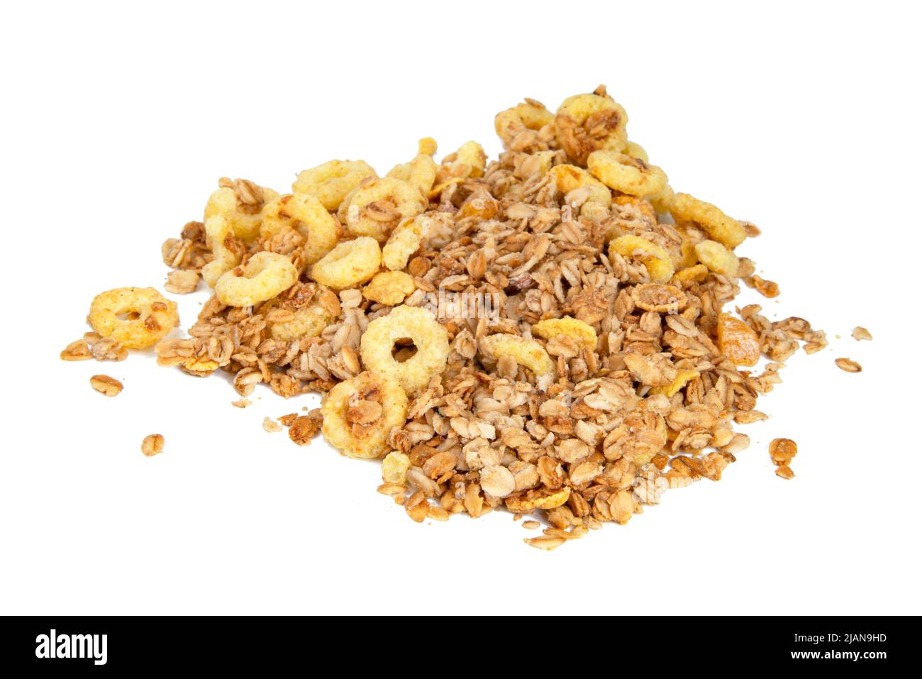 Dry breakfast oatmeal muesli isolated on the white background Stock Photo