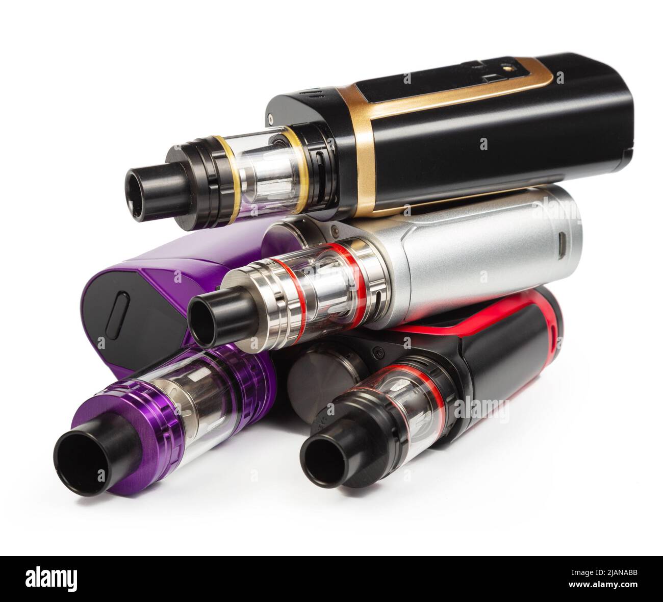 Popular vaping device mod. Modern vaporizer e-cig devices. New device model,micro coil clearomizer. Stock Photo