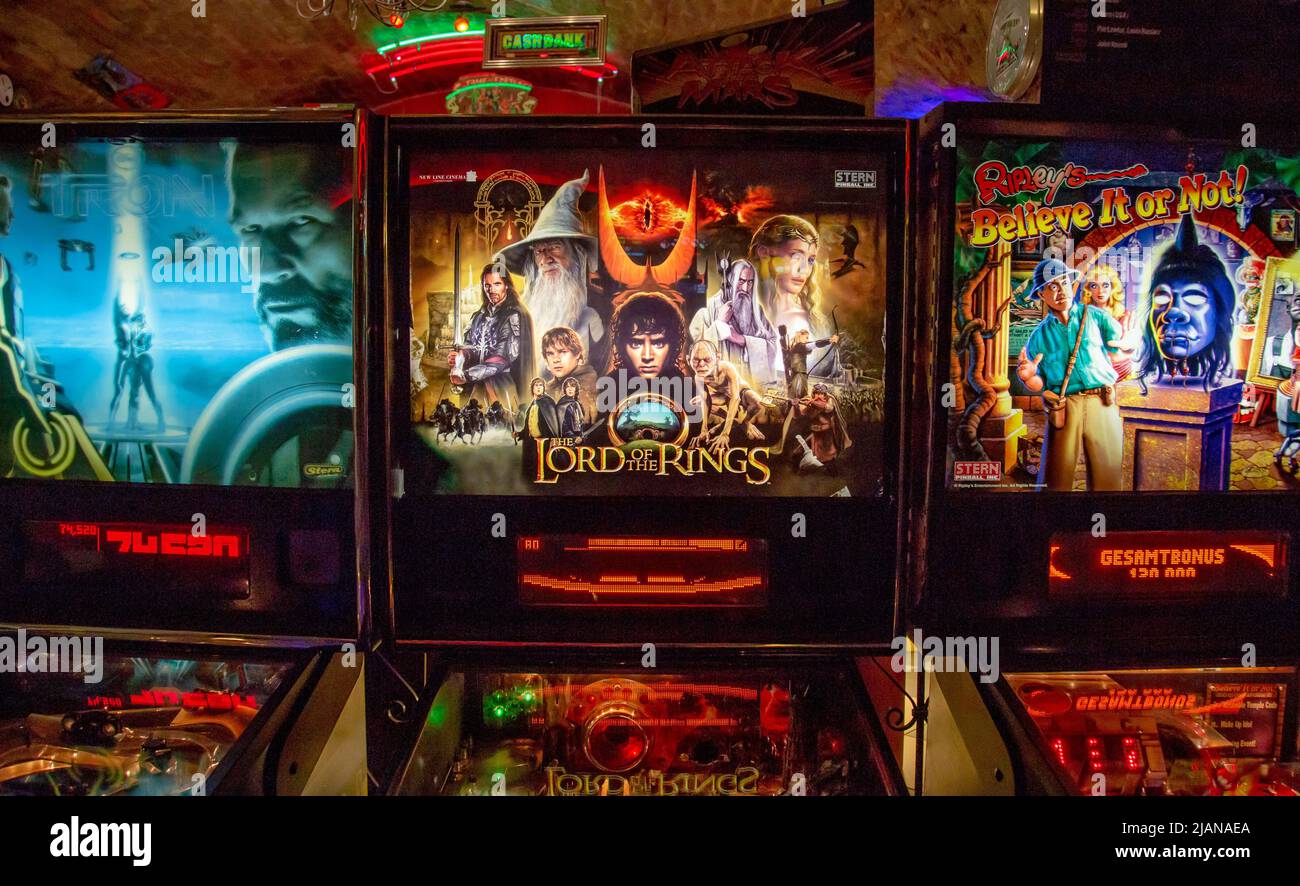 Budapest, Hungary - March 25, 2018: Pinball game museum. Pinball machine table close up view of retro vintage ball arcade Stock Photo