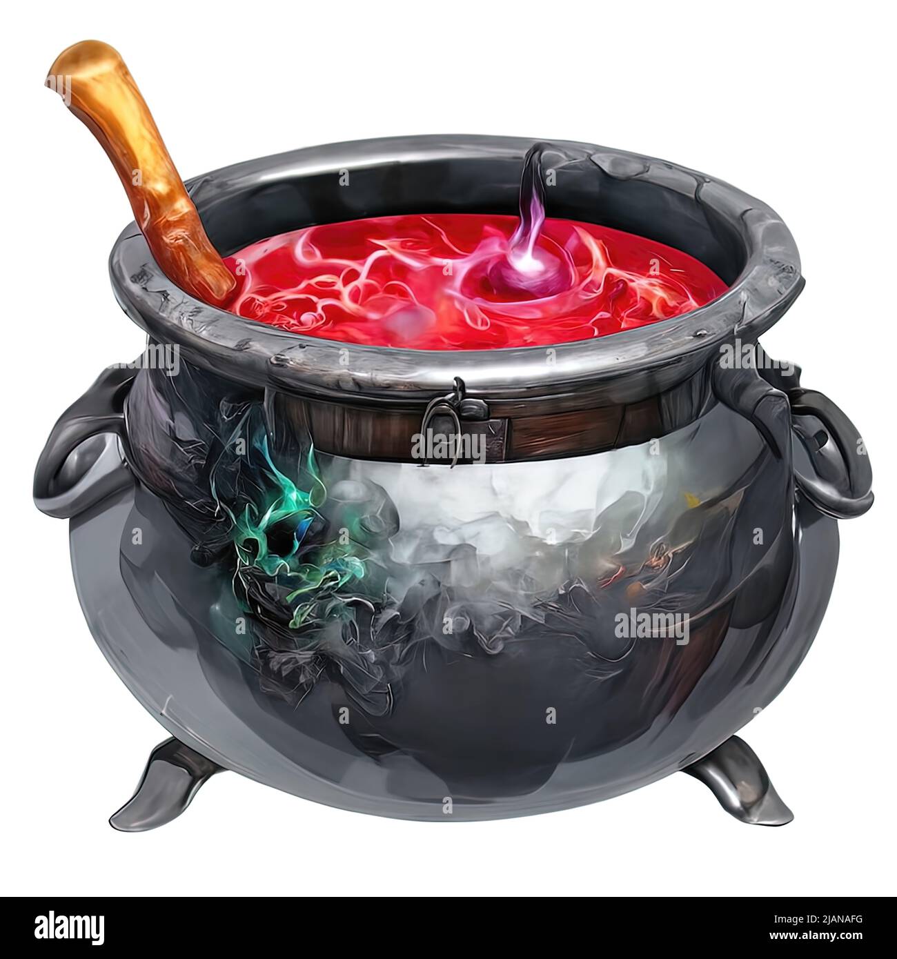 Witch cauldron is brewing a magic potion. Castiron cauldron is boiling