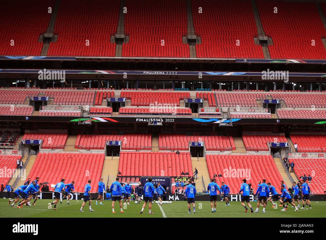 London, UK. 31st May, 2022. Italy players training inside Wembley stadium. Italy team training session at Wembley Stadium on 31st May 2022 ahead of the Finalissima 2022 match, Italy v Argentina in London tomorrow. Editorial use only. pic by Steffan Bowen/Andrew Orchard sports photography/Alamy Live news Credit: Andrew Orchard sports photography/Alamy Live News Stock Photo