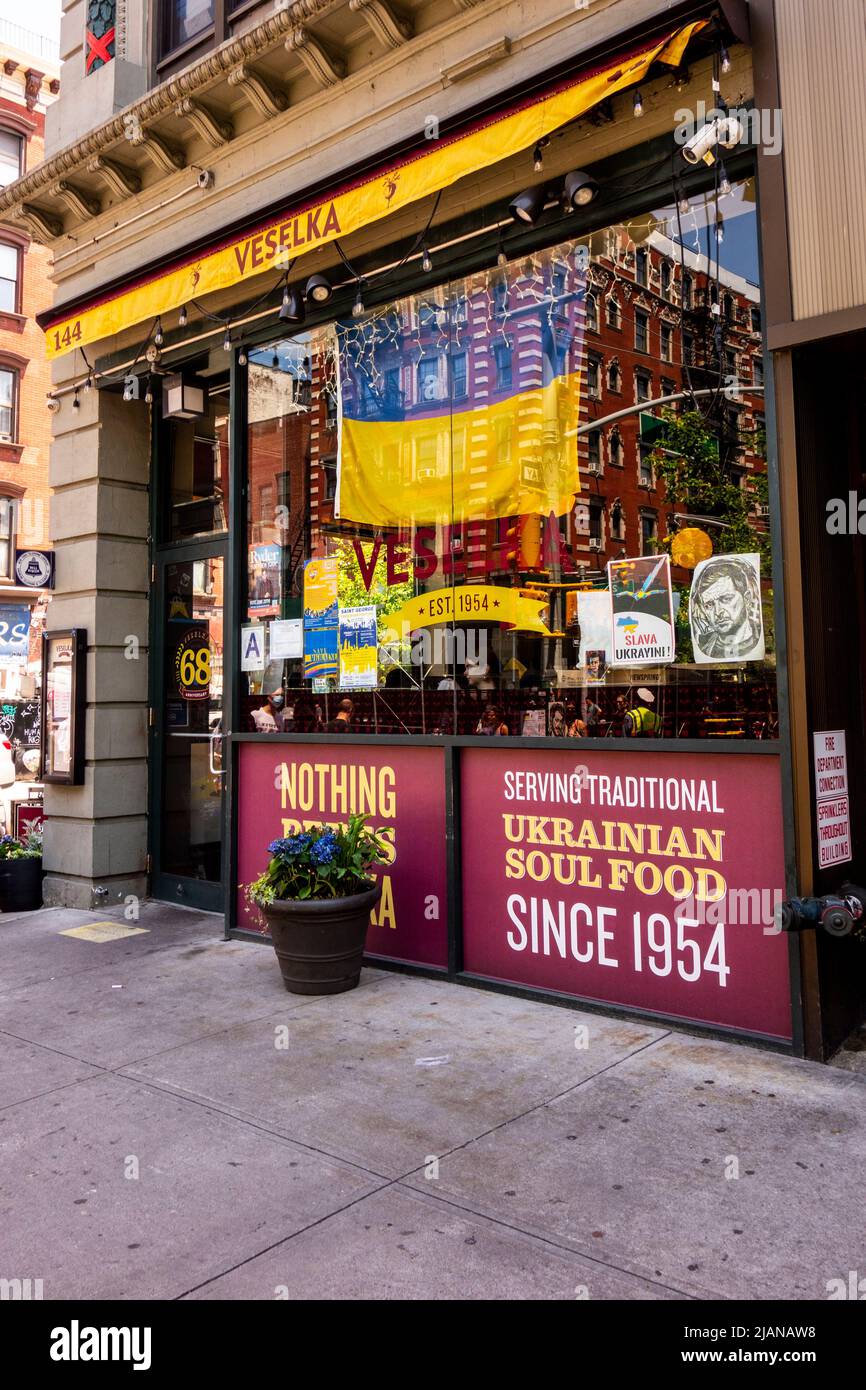 Veselka Restaurant in the part of the East Village known as Little Ukraine or New York City's Ukrainian Village, Lower East Side, NYC, New York, NY Stock Photo