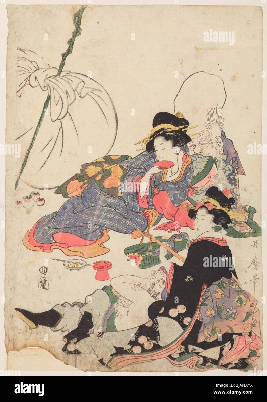 Two women presented with the gods of fortune Daikoku and Fukurokuju Stock Photo