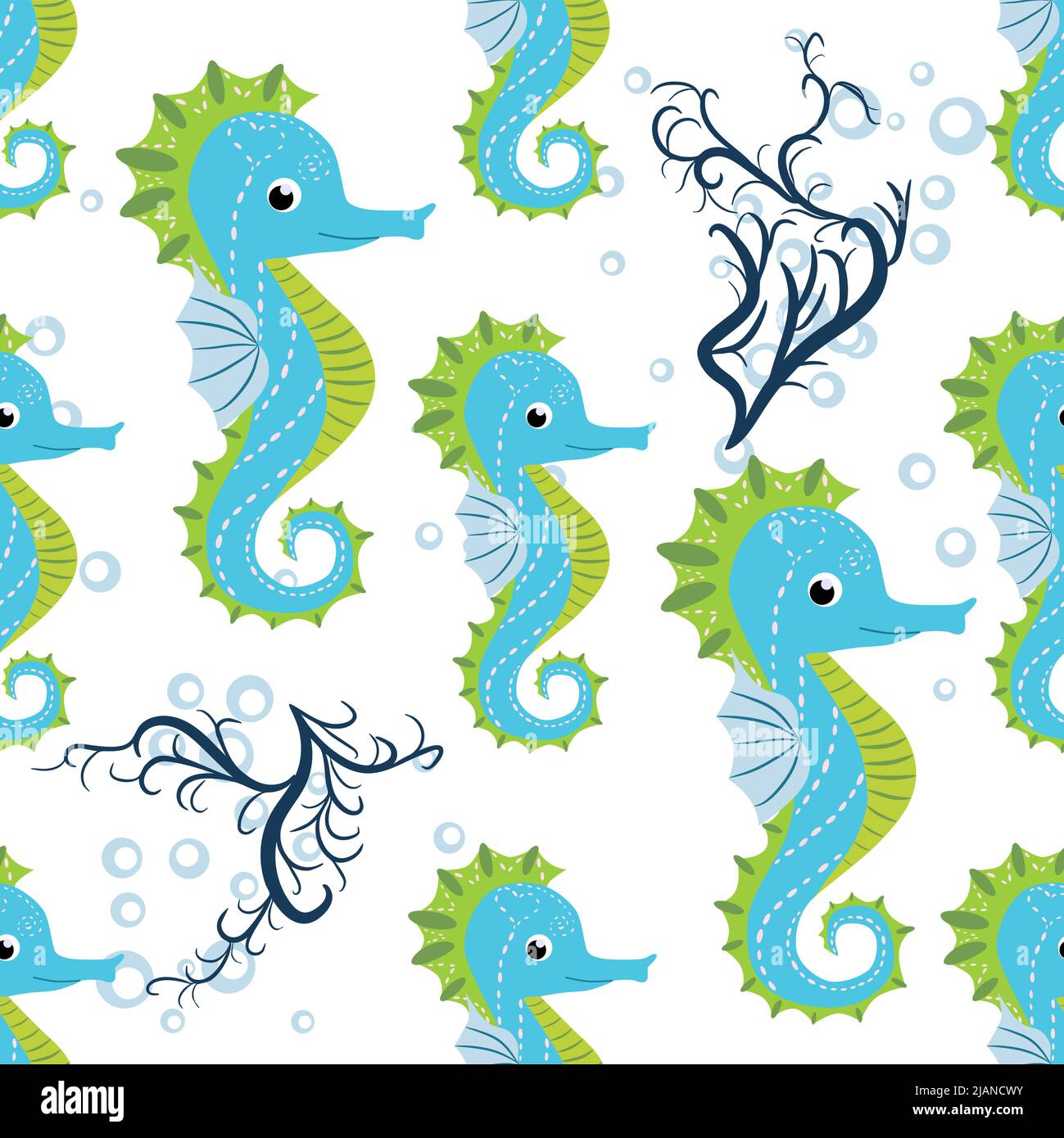 Cute seahorses cartoon seamless pattern. Hand drawn ocean animals ...