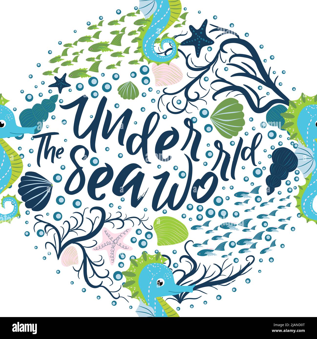 Cute seahorses cartoon seamless pattern. Hand drawn ocean animals ...
