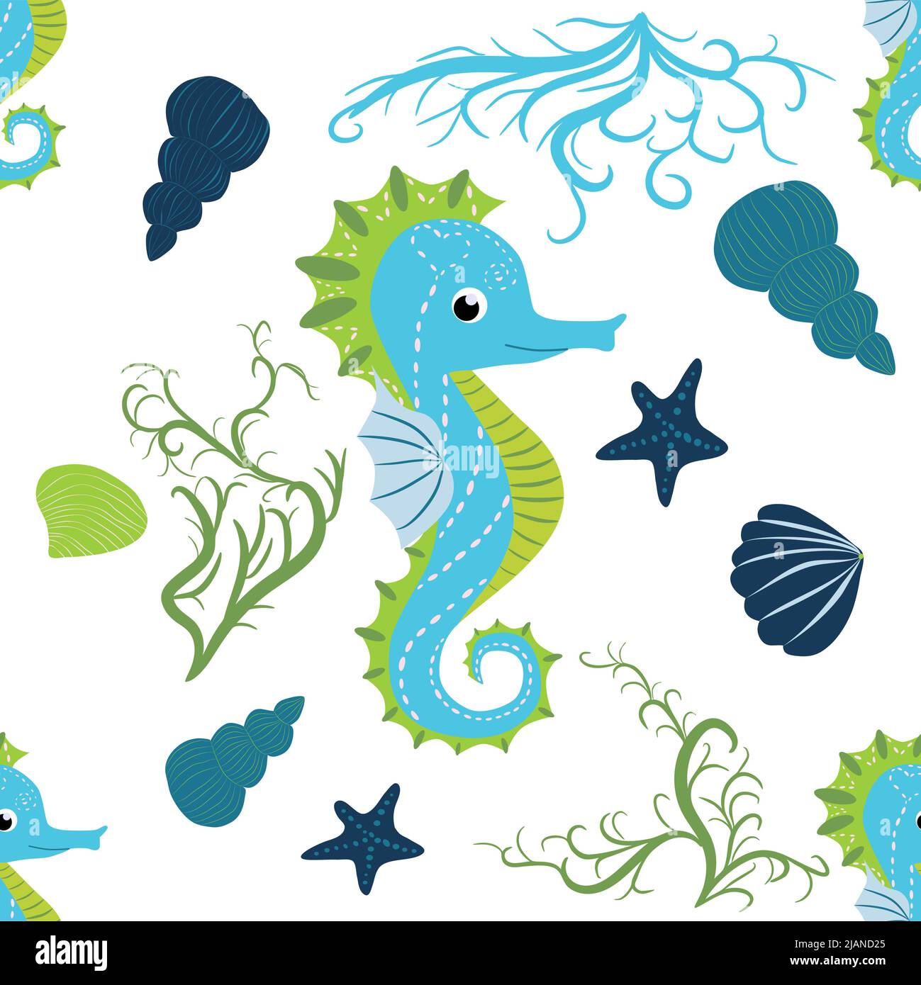 Cute seahorses cartoon seamless pattern. Hand drawn ocean animals ...