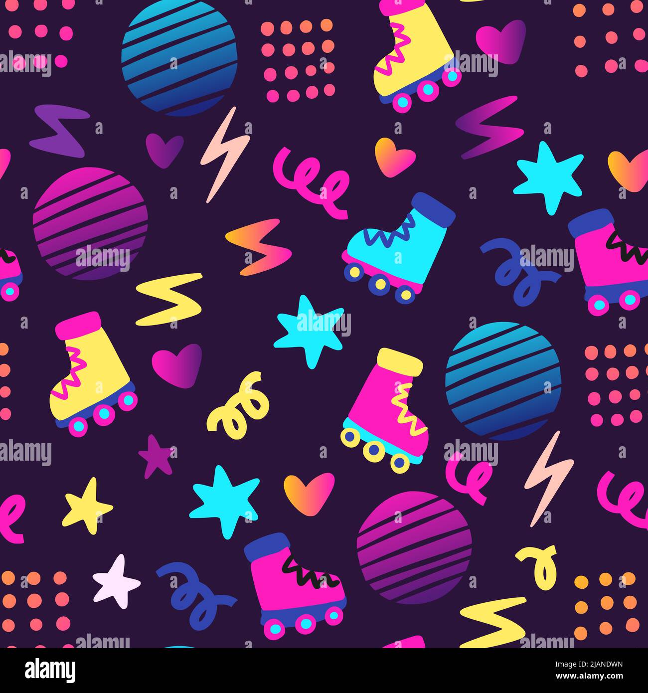 Party cool roller skates 80s styled seamless pattern. Vector. Stock Vector