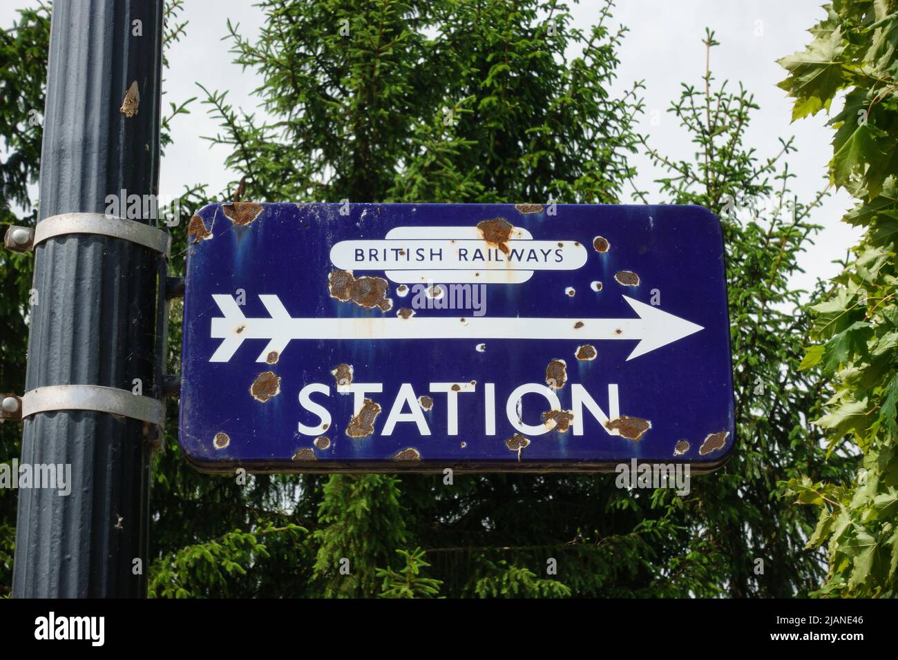 Antique, Blue enamelled British Railways Station sign. Stock Photo