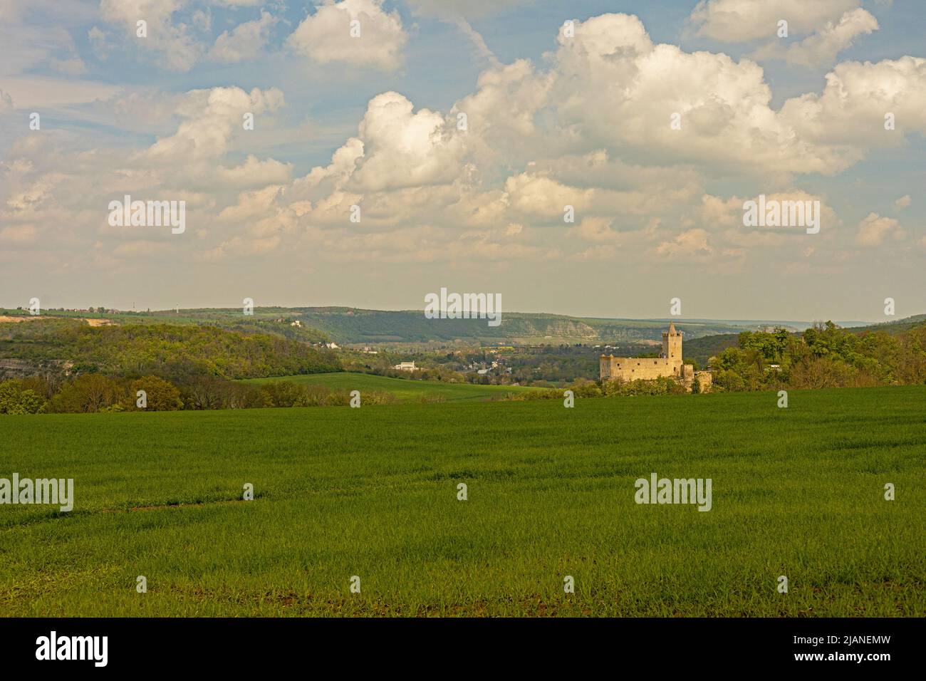 landscape near Saaleck with view to castle ruin Rudelsburg Stock Photo