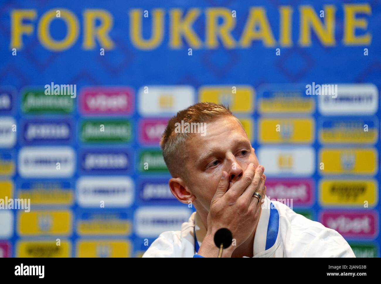 Ukraine's Oleksandr Zinchenko during a press conference at Hampden Park