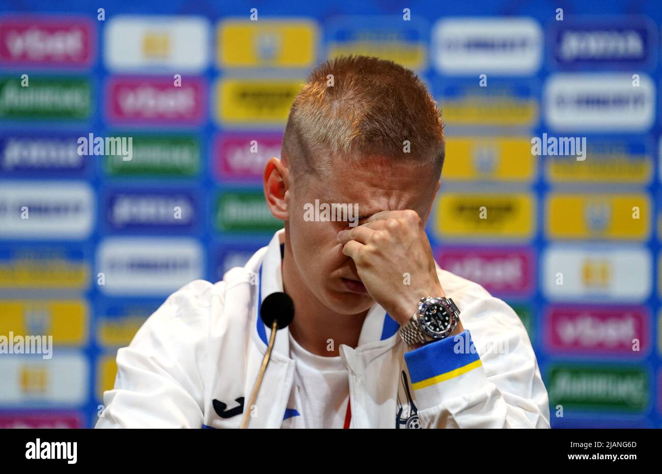 Ukraine's Oleksandr Zinchenko during a press conference at Hampden Park, Glasgow. Picture date