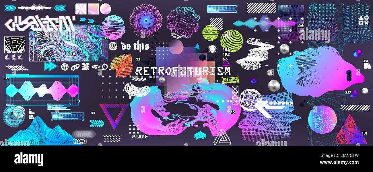 Retrofuturistic 3D trendy collection. Trendy elements in vaporwave style from 80s-90s Stock Vector