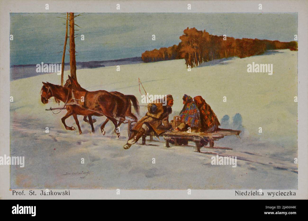 JANKOWSKI Stanisław  Sunday trip  on a sledge Contemporary Polish Art  edition of postcards Stock Photo