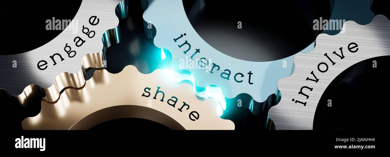 Engage, interact, share, involve gears concept 3D illustration