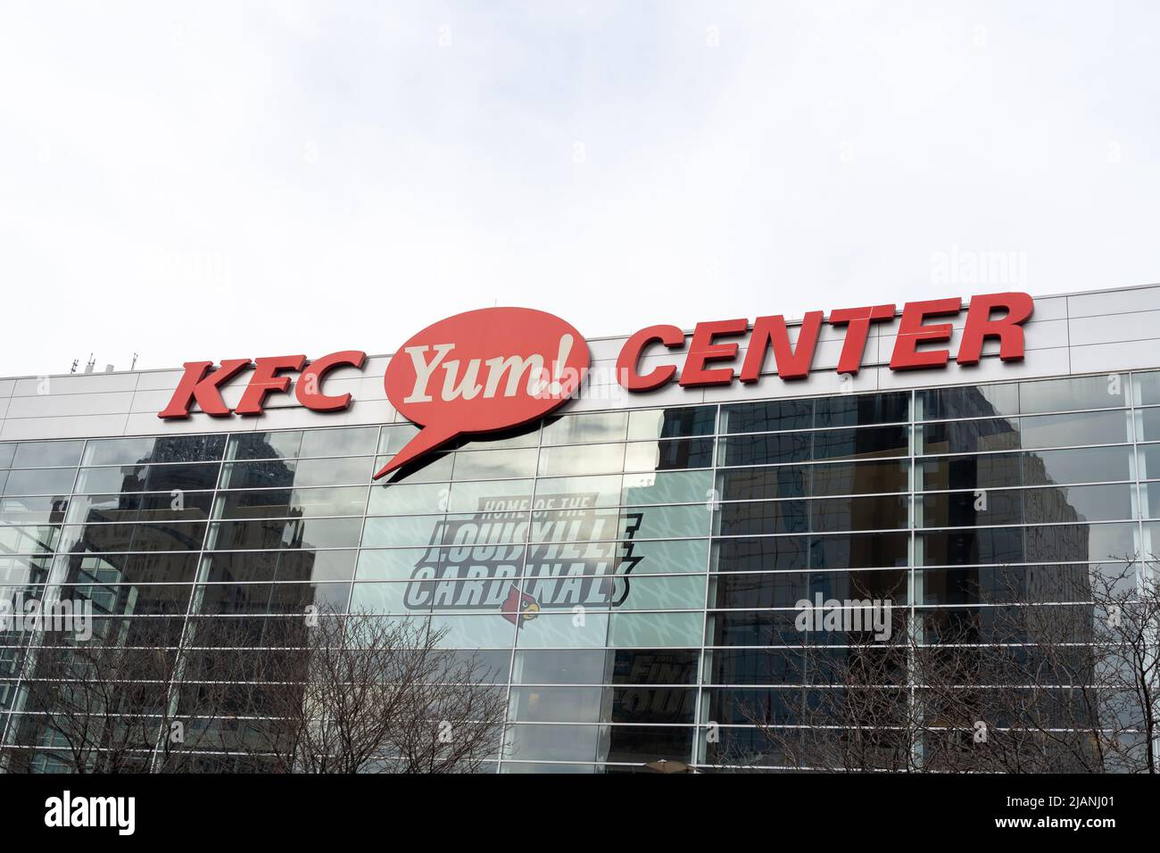 Louisville, KY, USA - December 28, 2021: Closeup of KFC Yum! Center sign is shown in Louisville, KY, USA. Stock Photo