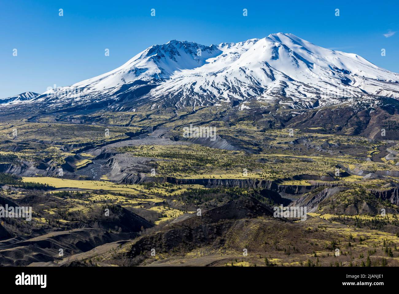 partially snow capped St. Mt. Helens volcano and lush green valley ...