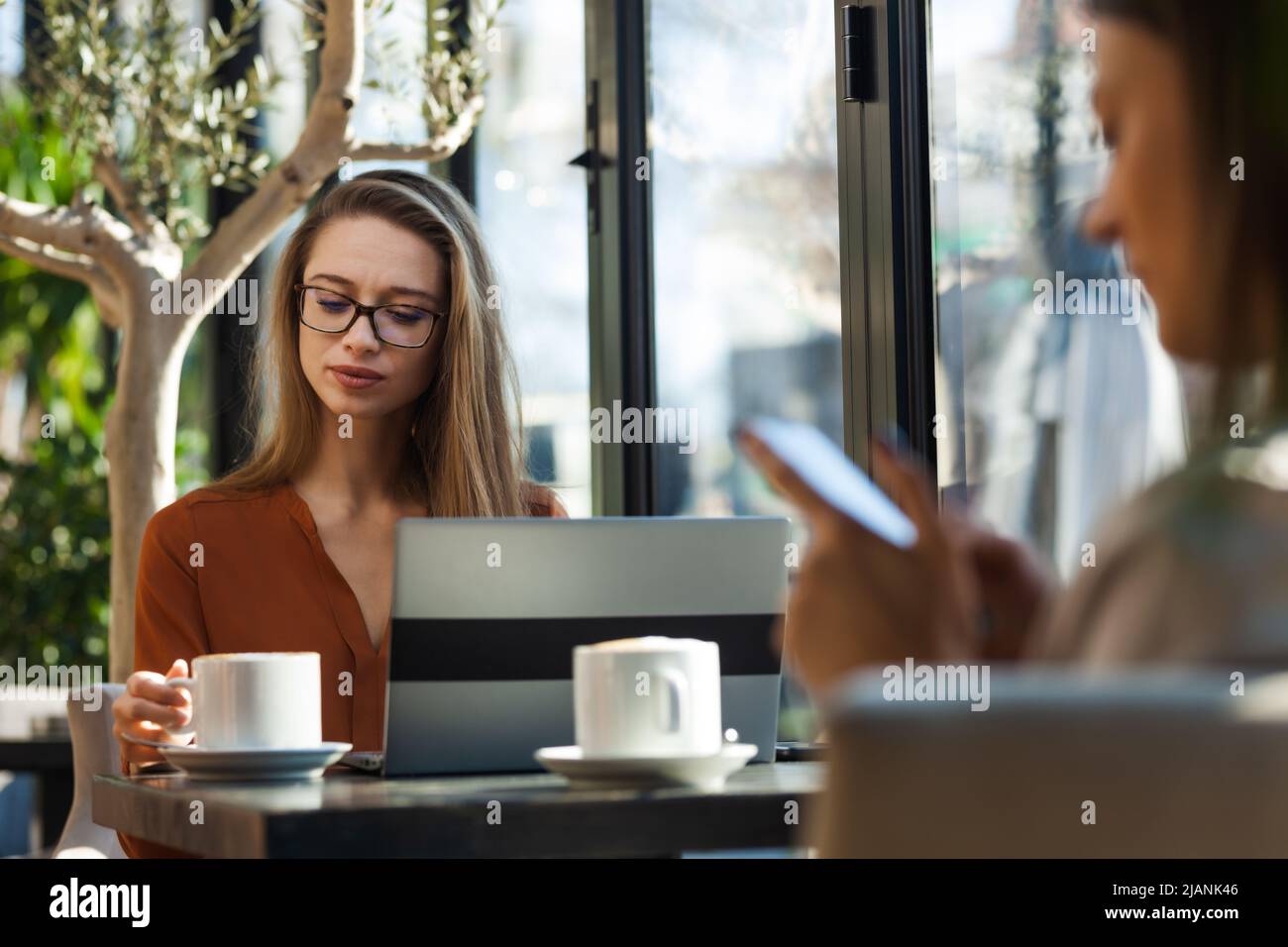 Two young business women in a cafe having one on one meeting. Friends ...