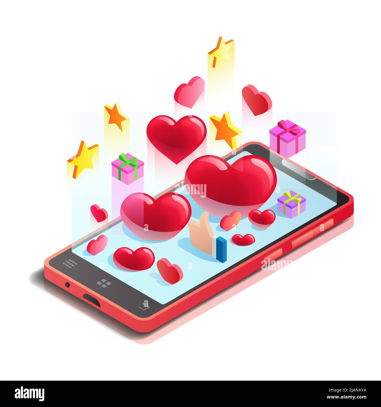 Abstraction, mobile phone with hearts isolated on white, online dating, social networks Stock Vector