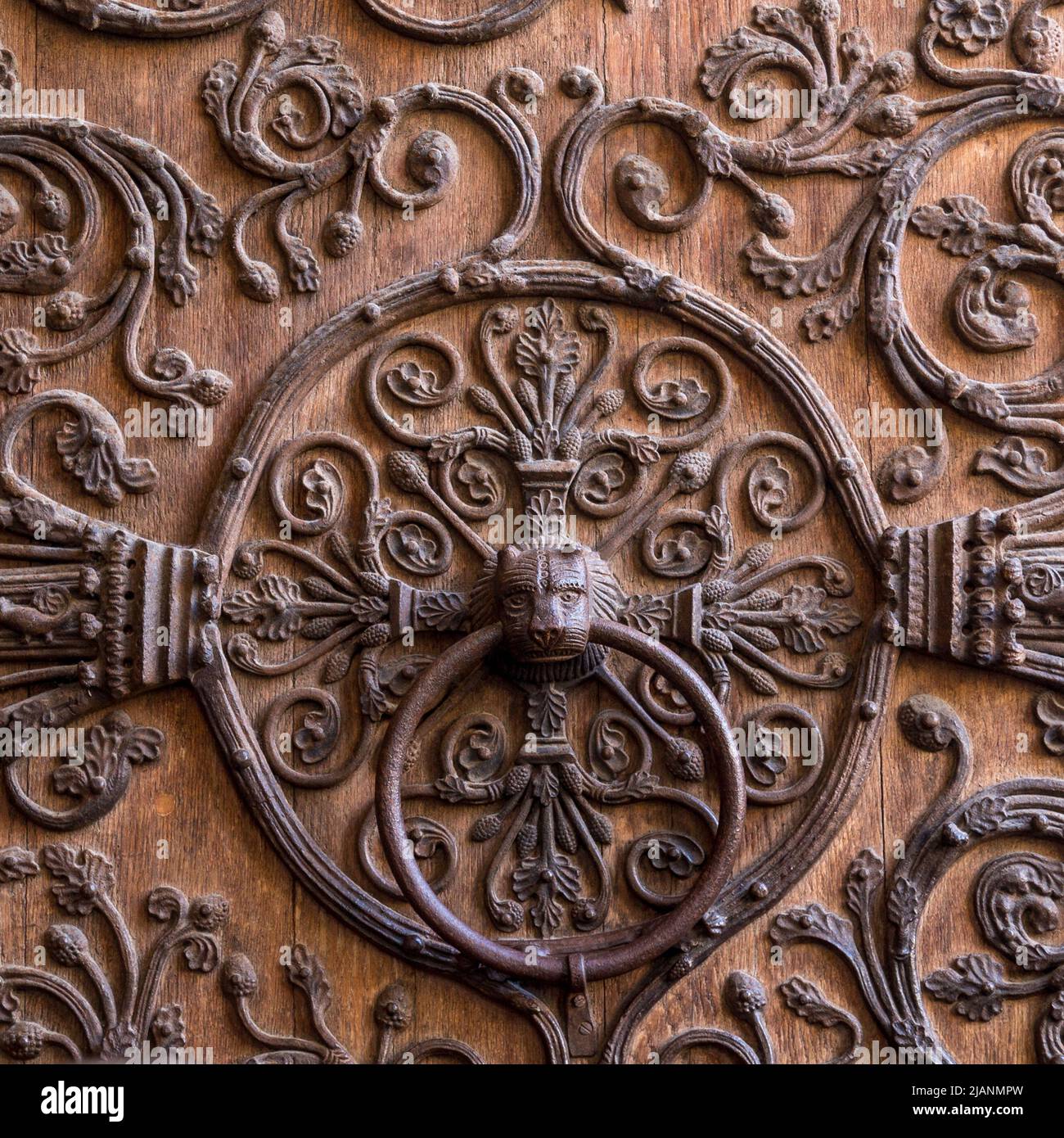 Door detail of Notre Dame de Paris Cathedral, Paris, France. Old wooden