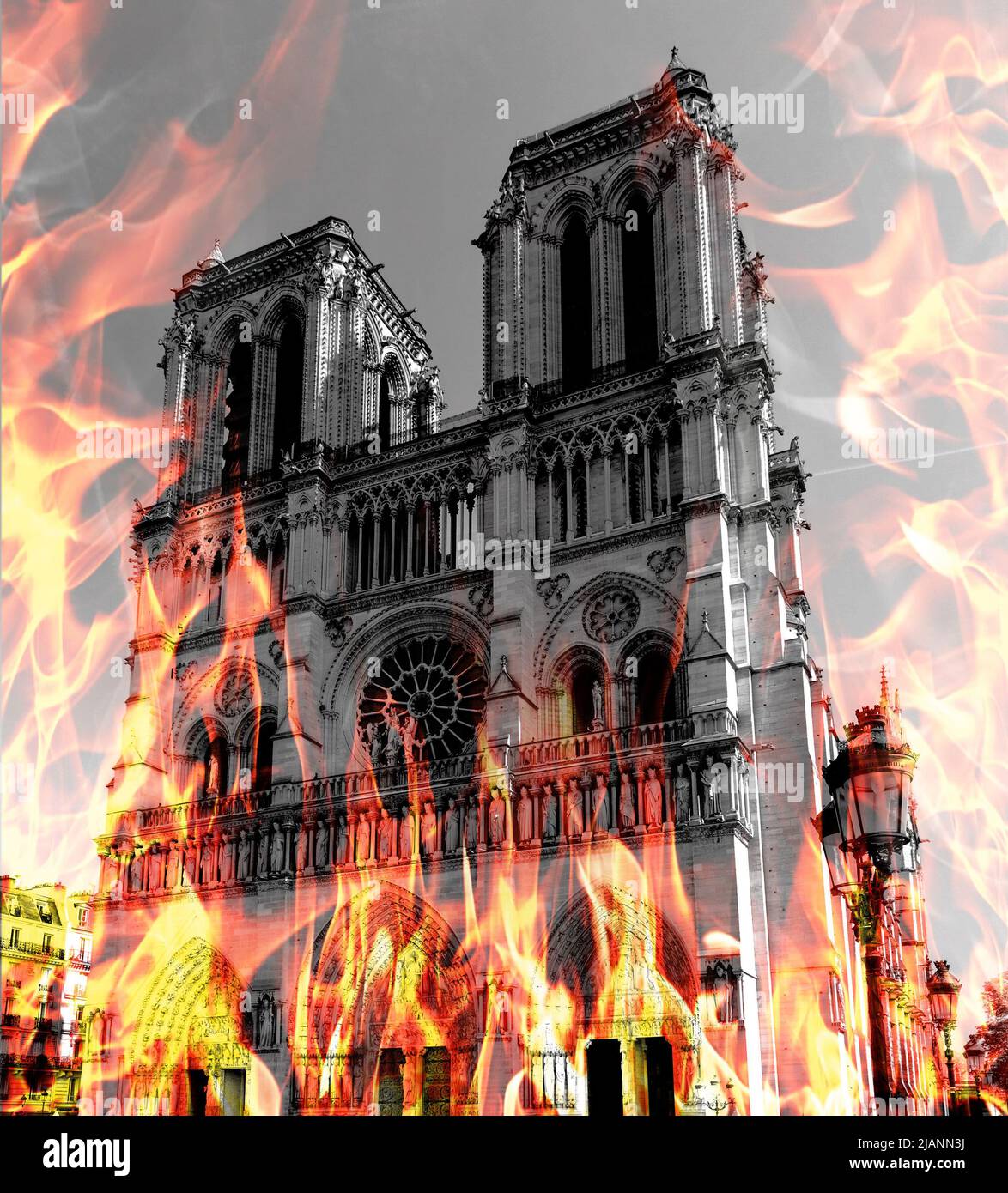 Notre Dame Cathedral burning by massive fire, representation. Notre