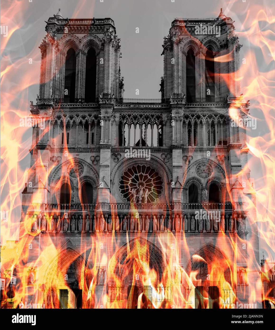 Notre Dame Cathedral burning by massive fire, representation. Notre