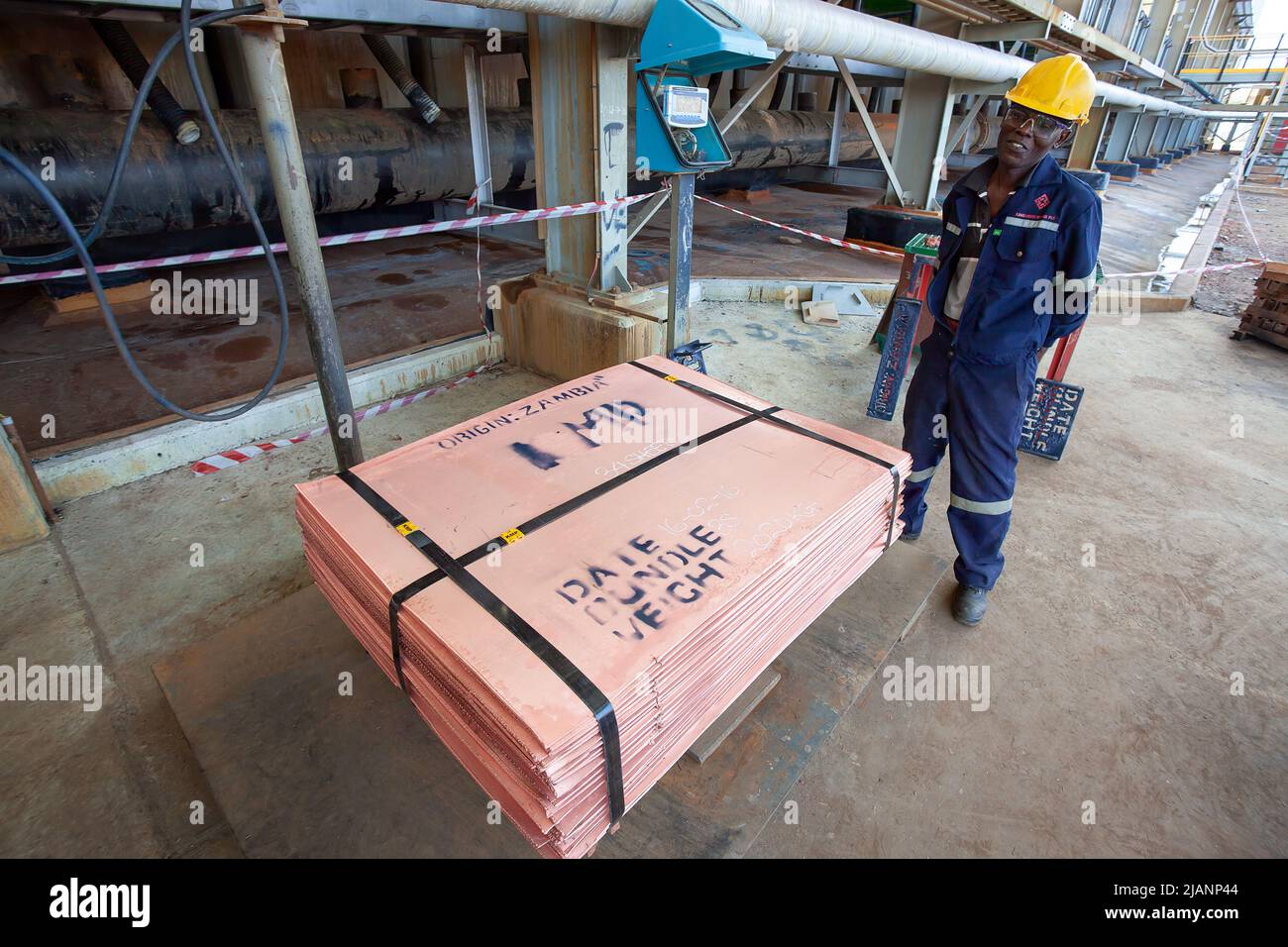 A stack of newly mined copper sheets, FQM, Kansanshi Copper Mine, Zambia, Africa Stock Photo