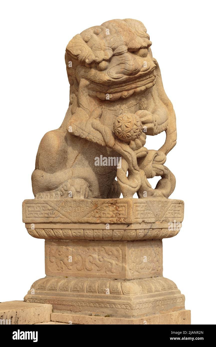 Lion marble face, Chinese Lion, stone carving sculpture, the symbol of Power, by Chinese. Stone Lion sculpture. Sculpture of Chinese lion, Antique Stock Photo