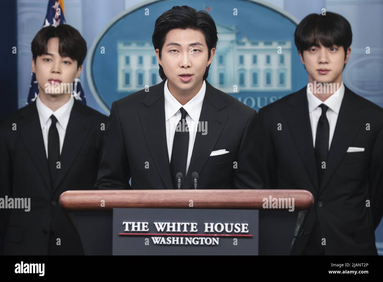 Washington, United States. 31st May, 2022. Park Ji-min and Kim Seok-jin (L-R) look on as Kim Nam-joon, center, speks during the daily press briefing in the James S. Brady Briefing Room at the White House in Washington, DC on Tuesday, May 31, 2022. They are all members of the Korean Pop band BTS, or Bangtan Boys. Photo by Oliver Contreras/UPI Credit: UPI/Alamy Live News Stock Photo