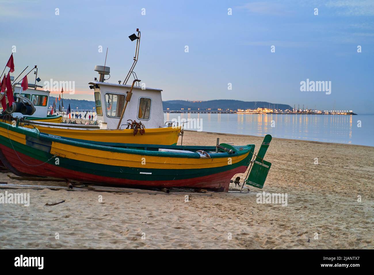 Picturesque fishing boat on beach in Sopot, Pomorskie region, Poland Stock Photo