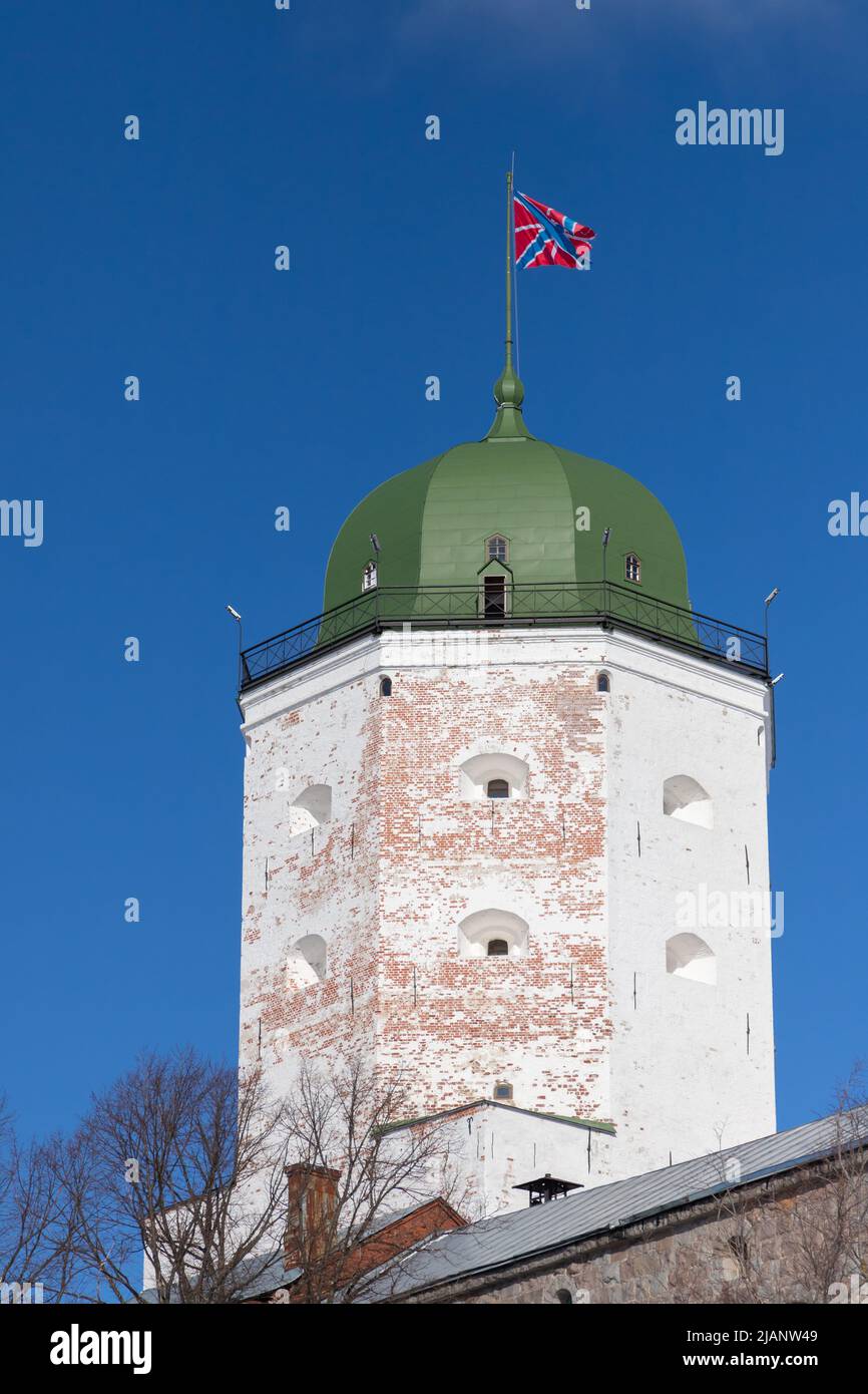 White tower of Vyborg Castle on a sunny day. Russia. Vertical photo Stock Photo