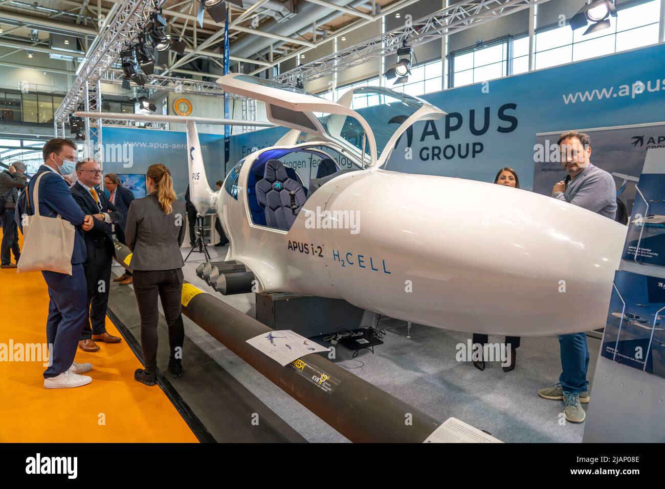 First day at Hannover Messe 2022, industrial trade fair, after 2 years of corona break, prototype of the hydrogen aircraft APUS i-2, exhibition hall f Stock Photo