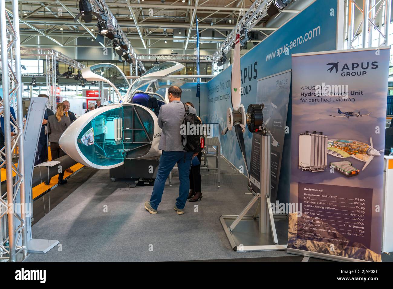 First day at Hannover Messe 2022, industrial trade fair, after 2 years of corona break, prototype of the hydrogen aircraft APUS i-2, exhibition hall f Stock Photo
