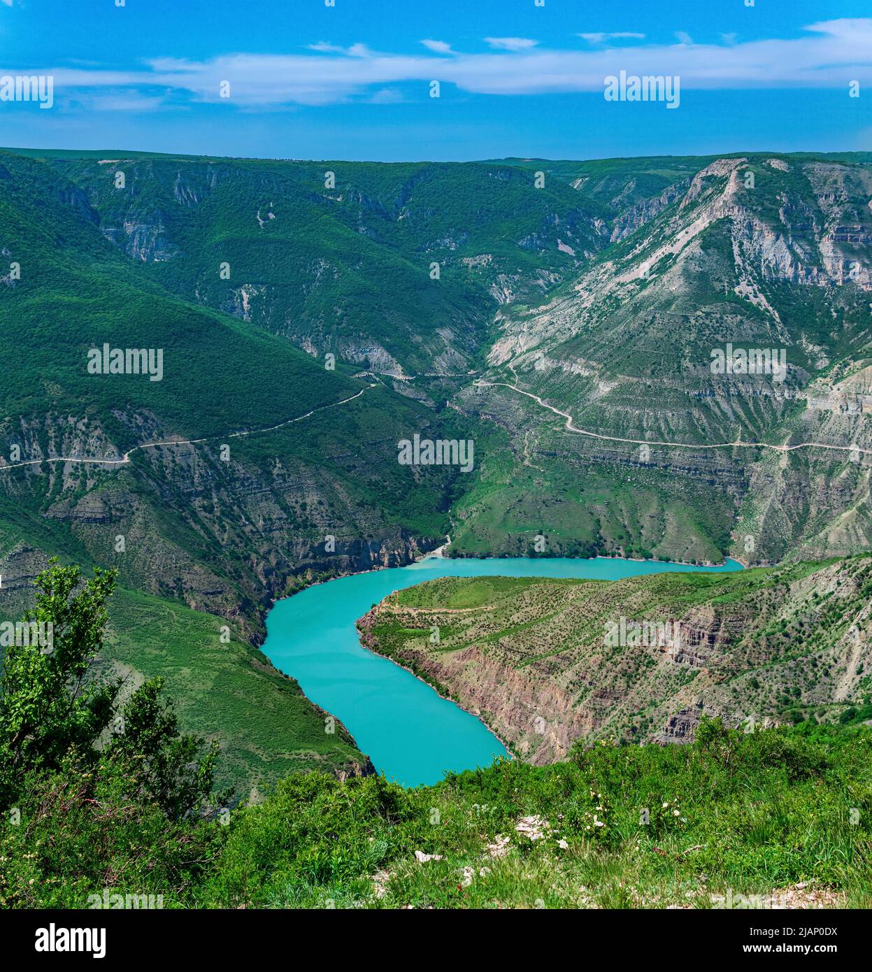 mountain landscape, view of the deep canyon with blue water, valley of ...
