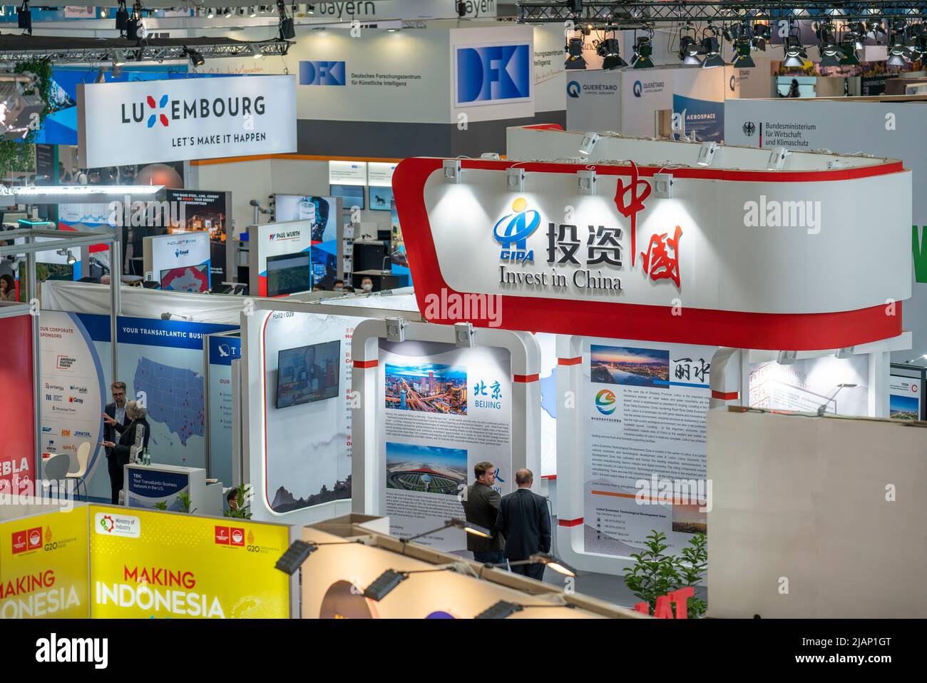 First day at Hannover Messe 2022, industrial fair, after 2 years of corona break, exhibition hall, GIPA, Invest in China exhibition stand, Lower Saxon Stock Photo