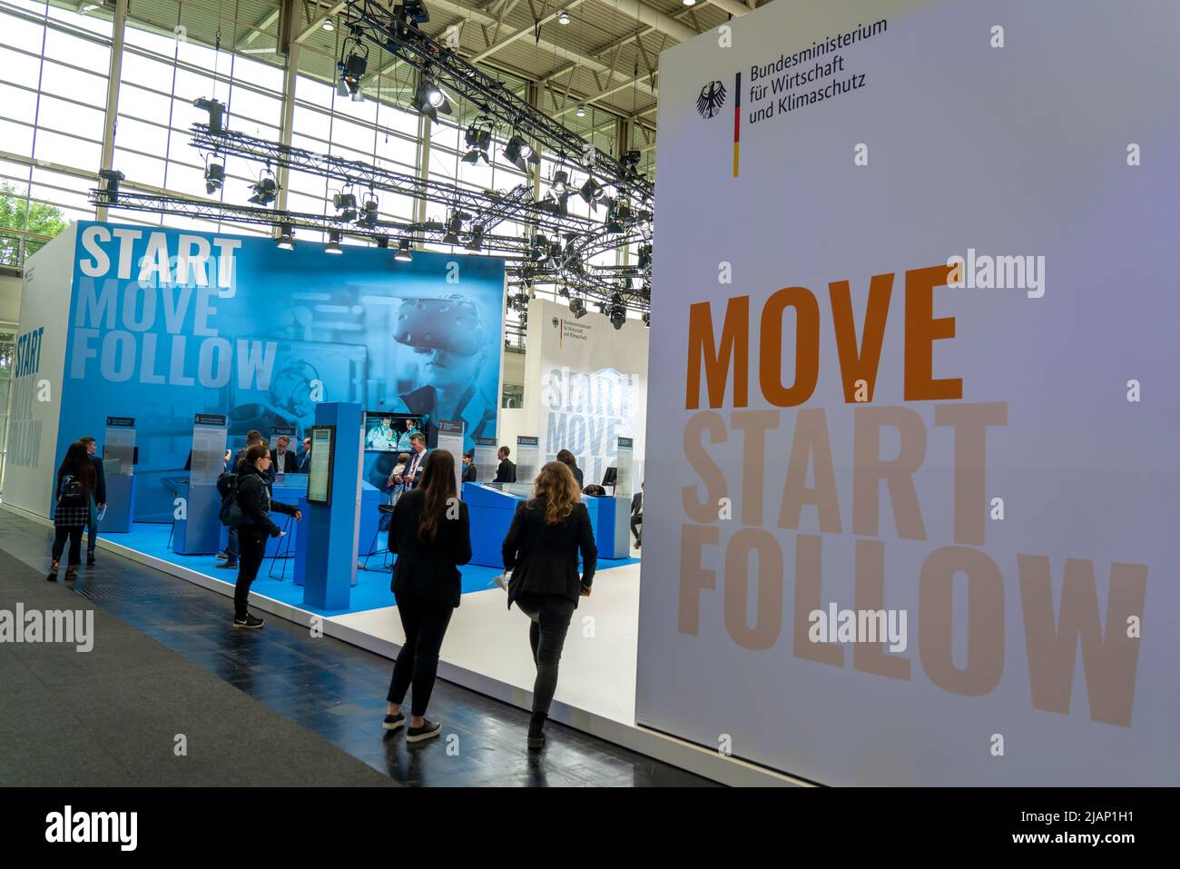 First day at Hannover Messe 2022, industrial trade fair, after 2 years of corona break, exhibition hall, exhibition stand of the Federal Ministry of E Stock Photo