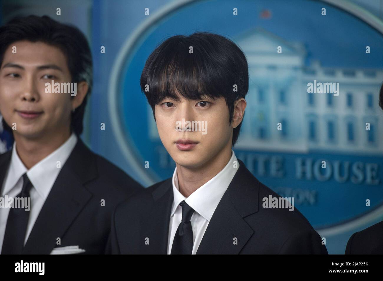 Washington, United States. 31st May, 2022. Kim Seok-jin, a member of the Korean Pop band BTS, looks on during the daily press briefing at the White House in Washington, DC on Tuesday, May 31, 2022. Afterwards, BTS met with President Joe Biden in the Oval Office to discuss Anti-Asian discrimination and Asian inclusion and representation. Photo by Bonnie Cash/UPI Credit: UPI/Alamy Live News Stock Photo