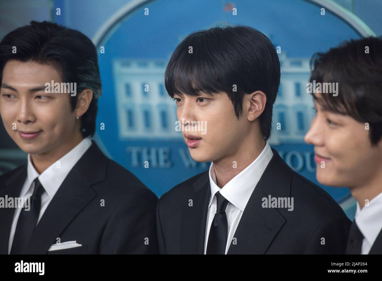 Washington, United States. 31st May, 2022. Kim Nam-Joon, Kim Seok-jin, and Jung Ho-seok, members of the Korean Pop band BTS, look on during the daily press briefing at the White House in Washington, DC on Tuesday, May 31, 2022. Afterwards, BTS met with President Joe Biden in the Oval Office to discuss Anti-Asian discrimination and Asian inclusion and representation. Photo by Bonnie Cash/UPI Credit: UPI/Alamy Live News Stock Photo