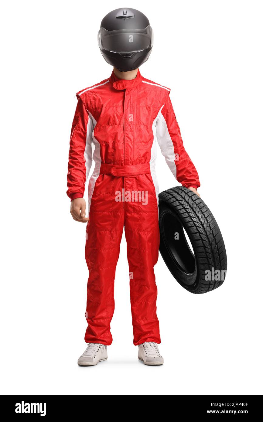 Full length portrait of a racer with a helmet holding a tire isolated on white background Stock Photo