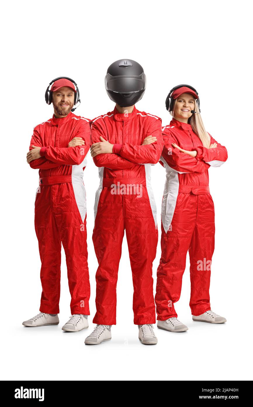 Racing team members and a racer with a helmet posing isolated on white background Stock Photo