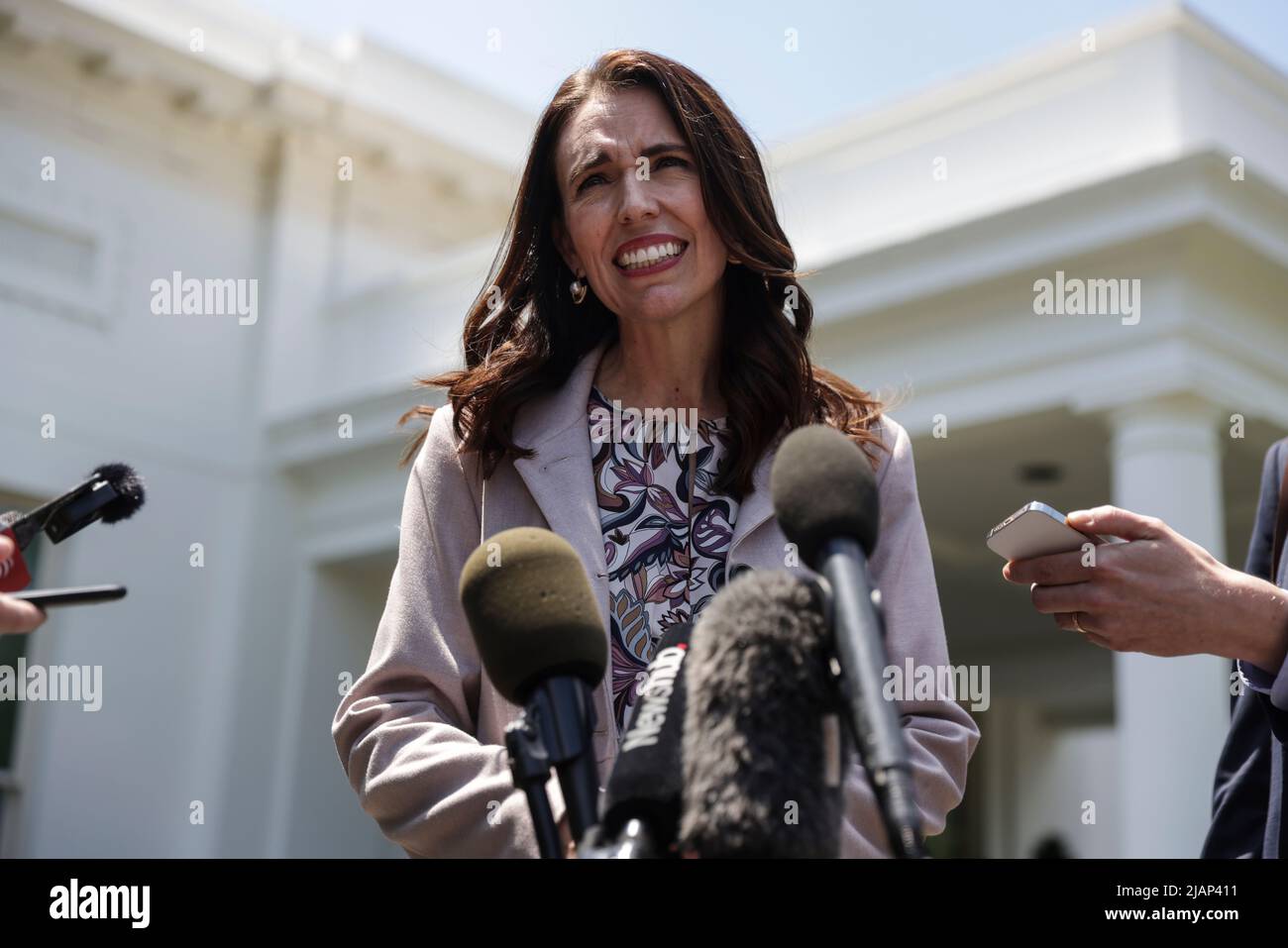 Washington, US, May 31, 2022, Prime Minister Jacinda Ardern of New Zealand talks to reporters outside the West Wing of the White House in Washington, DC following her meeting with United States President Joe Biden in the Oval Office on May 31, 2022.Credit: Oliver Contreras/Pool via CNP /MediaPunch Stock Photo