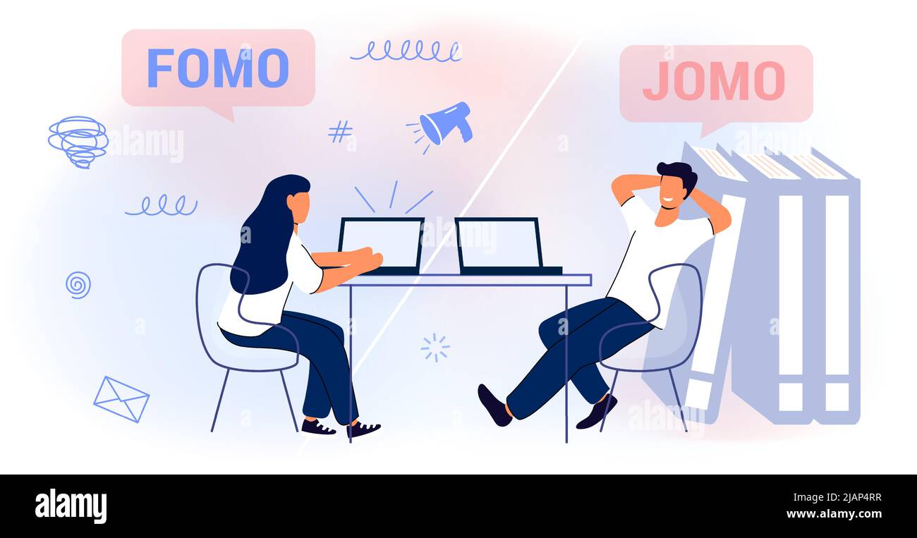 FOMO vs JOMO Fear of missing out vs Joy of missing out Differences between Fomo and Jomo life Vector illustration flat style concept Law of attraction Stock Vector