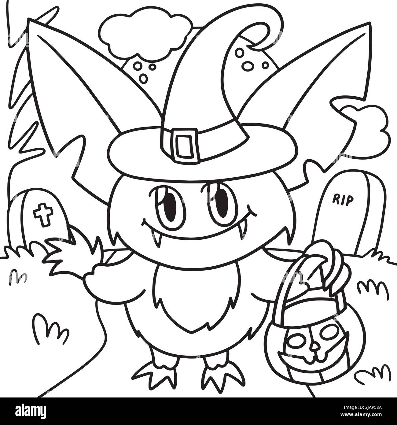 Halloween Vampire Owl Coloring Page for Kids Stock Vector